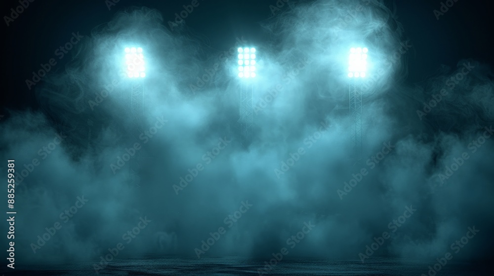 Fototapeta premium Three stadium lights illuminate a foggy field