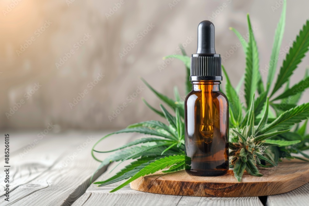 Fototapeta premium Serene morning with cannabis oil and fresh hemp leaves
