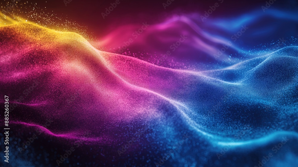 Abstract digital scene with colorful waves and particles creating a dynamic and vibrant composition. Abstract digital scene with colorful waves and particles creating a dynamic and vibrant composition.