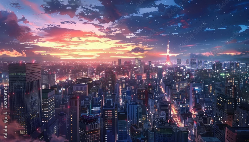 A beautiful cityscape of a modern city with skyscrapers and a tower in the distance A beautiful cityscape of a modern city with skyscrapers and a tower in the distance