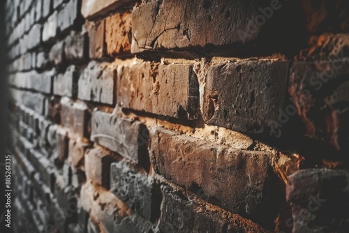 Close-up texture of aged brick wall in soft light