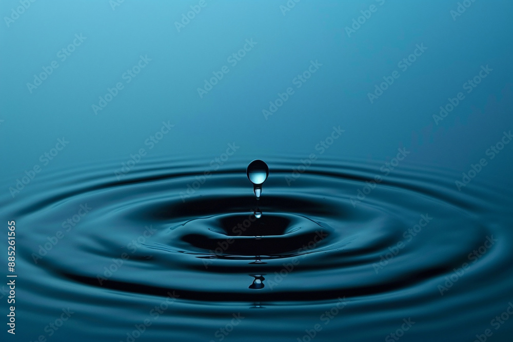 Falling drop into water on a blue background with waves. Concept template for spa, cosmetic products, water advertising with place for text Falling drop into water on a blue background with waves. Concept template for spa, cosmetic products, water advertising with place for text