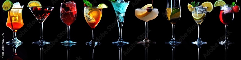 Cocktail Party Background. Assorted Drinks with Ice and Citrus on Elegant Black Background Cocktail Party Background. Assorted Drinks with Ice and Citrus on Elegant Black Background