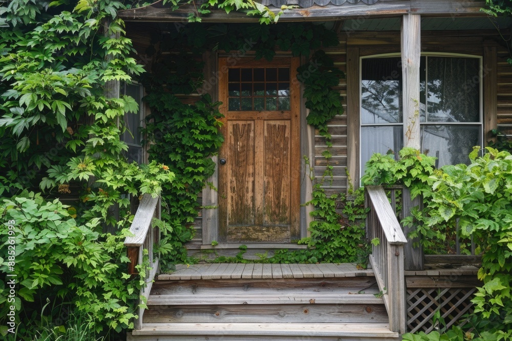 House Steps. Front Door and Vine-Covered Steps of Wooden Home in Flagged Front Yard House Steps. Front Door and Vine-Covered Steps of Wooden Home in Flagged Front Yard