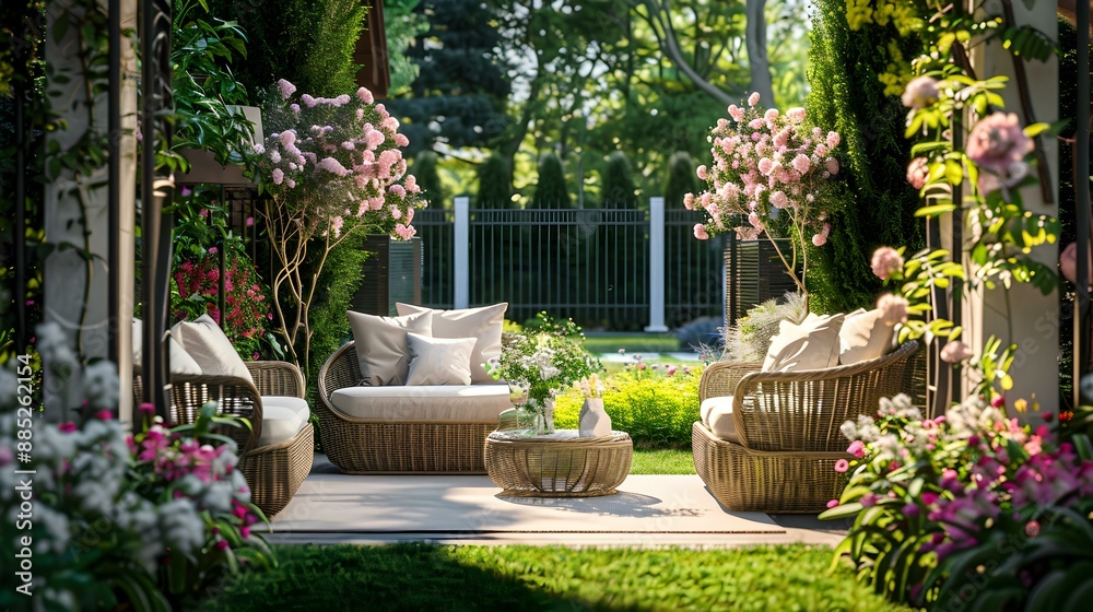 Fototapeta premium Terrace with decorative fencing and soft sofas image