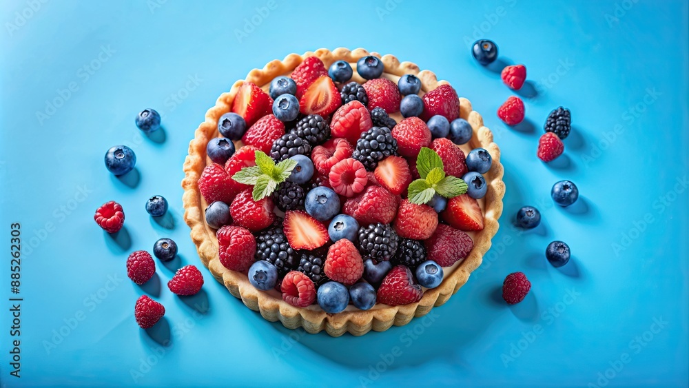 Berry tart surrounded by fresh assorted berries on a vibrant blue background, dessert, pastry, sweet, food photography, delicious Berry tart surrounded by fresh assorted berries on a vibrant blue background, dessert, pastry, sweet, food photography, delicious