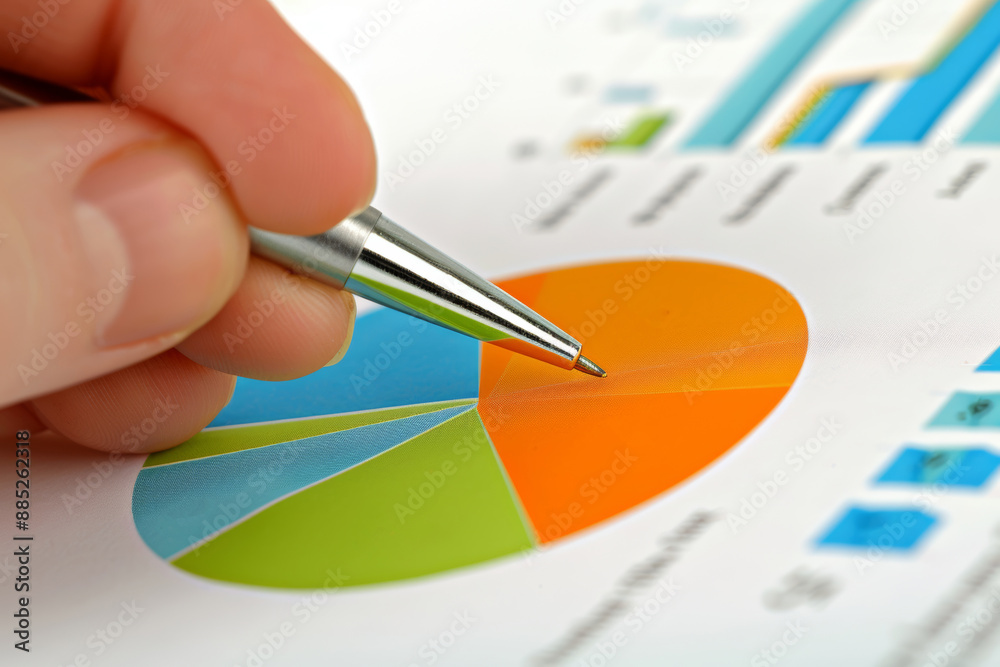 Detailed analysis of colorful pie chart with pen and financial documents Detailed analysis of colorful pie chart with pen and financial documents