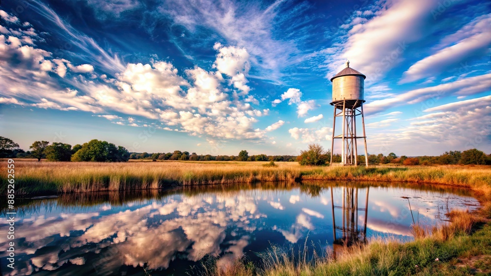 Fototapeta premium Water tower in field with pond and wispy clouds in the sky, water tower, field, pond, wispy clouds, sky