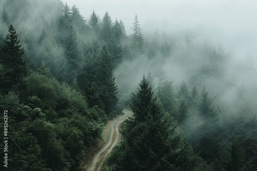 winding path way road going through foggy serenity minimalist misty Kinfolk forest during early morning or twilight hours, copy space. cold mysterious weather mood winding path way road going through foggy serenity minimalist misty Kinfolk forest during early morning or twilight hours, copy space. cold mysterious weather mood