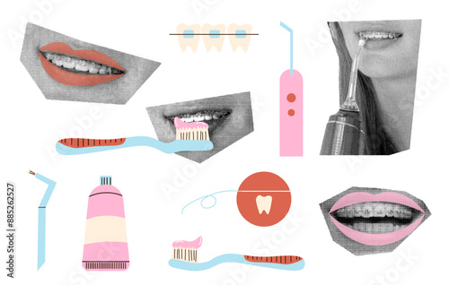 concept of dental treatment and aesthetics, orthodontics and dentistry. halftone collage smile with brackets. vector collage