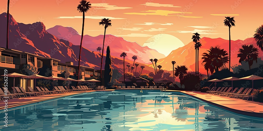 Obraz premium Draw paint illustration of luxury resort with swimmin pool and hotels and mountain nature outdoor background scene