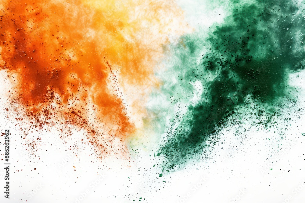 Obraz premium India Independence Day, Abstract background for Indian festival Holi with color powder in green, orange and white colors on isolated white backdrop. India flag concept