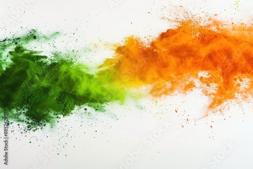 India Independence Day, Abstract background for Indian festival Holi with color powder in green, orange and white colors on isolated white backdrop. India flag concept