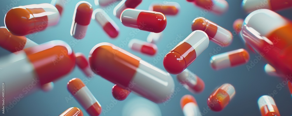 several floating capsules on a gray background several floating capsules on a gray background