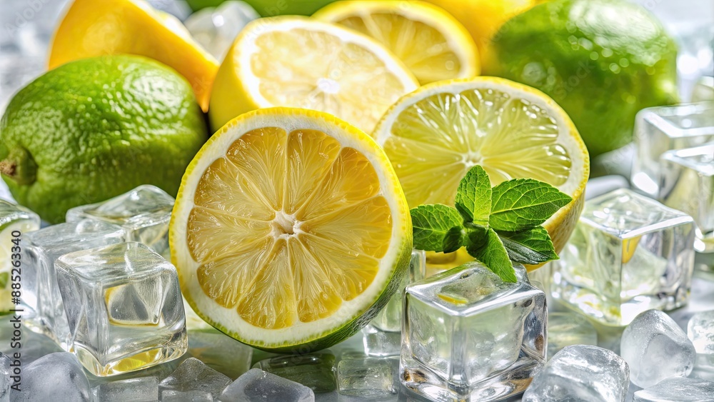 Close up of fresh lemon and lime with glass and crystal ice cubes around, citrus, freshness, yellow, green, close up Close up of fresh lemon and lime with glass and crystal ice cubes around, citrus, freshness, yellow, green, close up