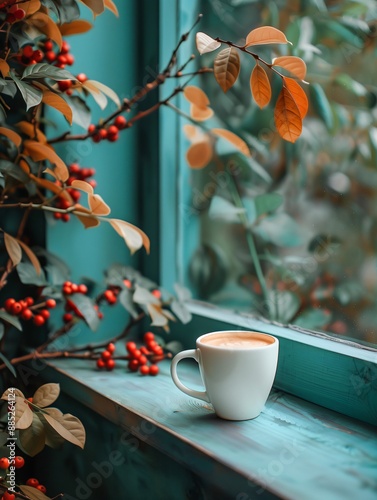 Cozy autumn scene with a white coffee cup on a turquoise window ledge. Surrounded by leaves and berries. Steaming in the morning light photo