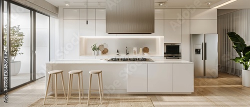 Wallpaper Mural A kitchen with a clean, minimal design, showcasing a white island, stainless steel appliances, and a clutter-free workspace Torontodigital.ca