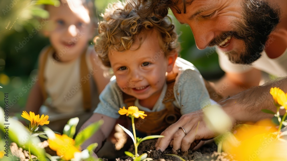 A cheerful toddler and an encouraging father in a garden, lying on the ground, closely observing colorful flowers, capturing a pure moment of curiosity and learning.