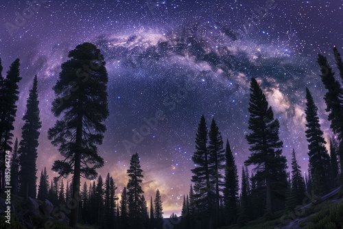 A breathtaking panorama of the Milky Way arching across the night sky, perfectly framed by towering pine trees, their dark silhouettes contrasting with the vibrant galaxy. 