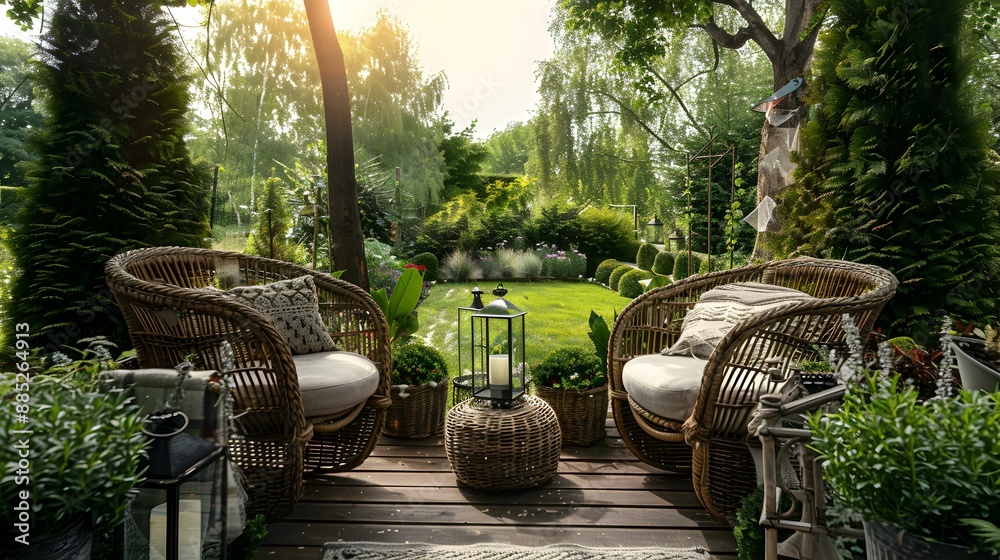 Terrace with wicker chairs and decorative pillows decorated img Terrace with wicker chairs and decorative pillows decorated img