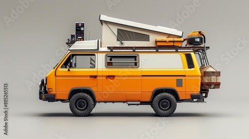 Detailed illustration showcasing the design and features of a modern camper van, including interior layout, storage, and exterior views.