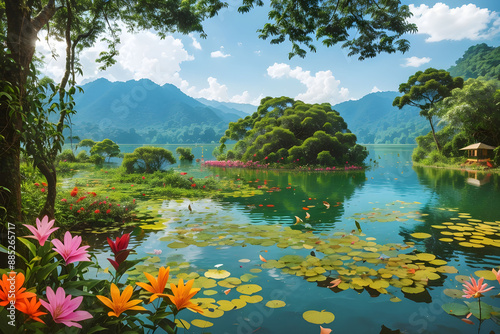 Pond with lotus flowers The lush and vibrant jungle filled with towering trees, colorful