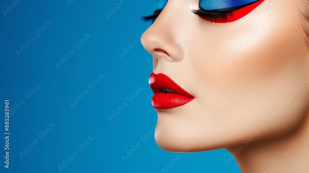 A woman with colorful makeup on her face. The makeup is bright and bold, with shades of pink, purple, and blue. The woman has a confident and playful expression on her face. Beautiful makeup. A woman with colorful makeup on her face. The makeup is bright and bold, with shades of pink, purple, and blue. The woman has a confident and playful expression on her face. Beautiful makeup.