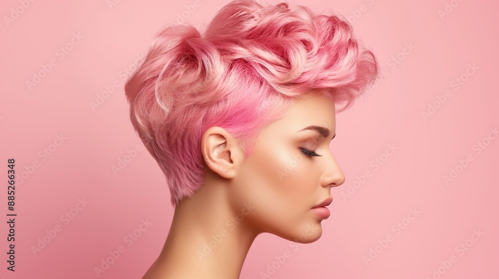 A woman with pink hair and a pink background. She is smiling and has a pink lip color. The image has a bold and confident mood, with the woman's striking features and the bright red background A woman with pink hair and a pink background. She is smiling and has a pink lip color. The image has a bold and confident mood, with the woman's striking features and the bright red background