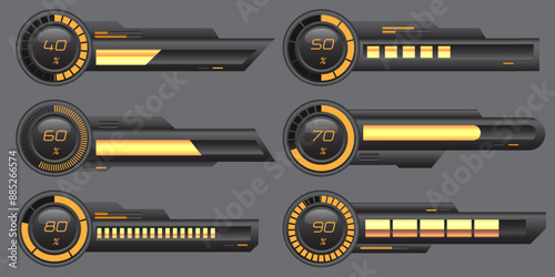 Set of HUD modern loading progress bars user interface elements design technology cyber yellow black metallic futuristic vector