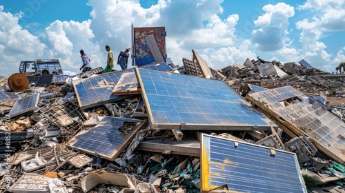A pile of expired solar panels at a recycling facility, with workers sorting and processing the materials