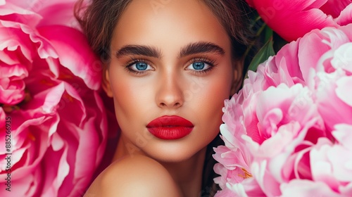A woman with red lipstick and blue eyes stands in front of a bouquet of pink flowers. Concept of beauty and elegance, as the woman's makeup and the flowers complement each other