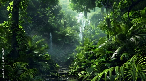 A tropical forest with dense greenery tall trees