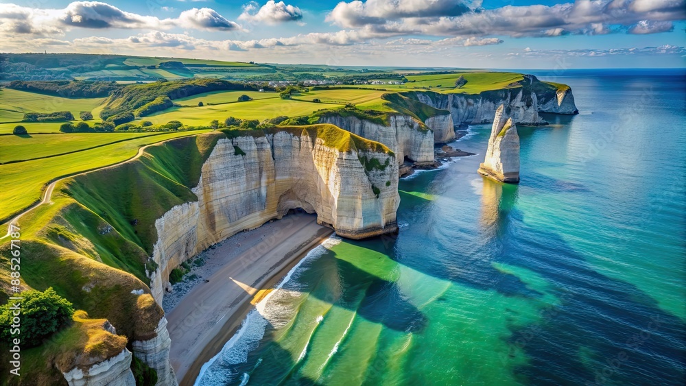 Aerial view of the stunning cliffs of Etretat Normandy France ...
