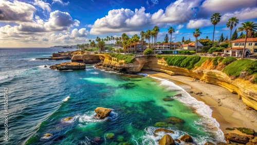 Vibrant La Jolla Cove in San Diego, California, colorful, La Jolla, cove, San Diego, California, ocean, cliffs, picturesque photo