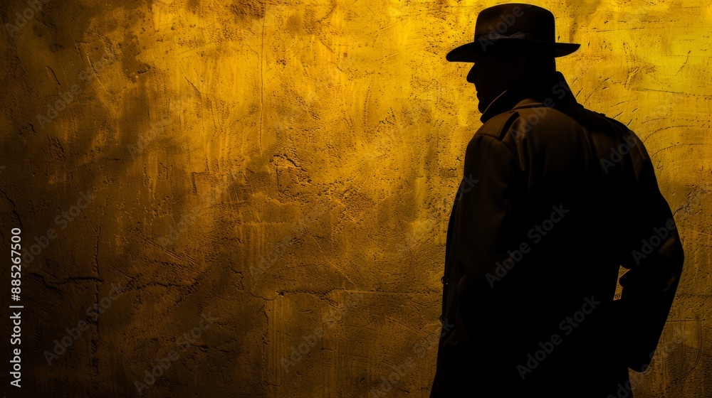 Mysterious silhouette of a man in hat against a textured golden wall Mysterious silhouette of a man in hat against a textured golden wall