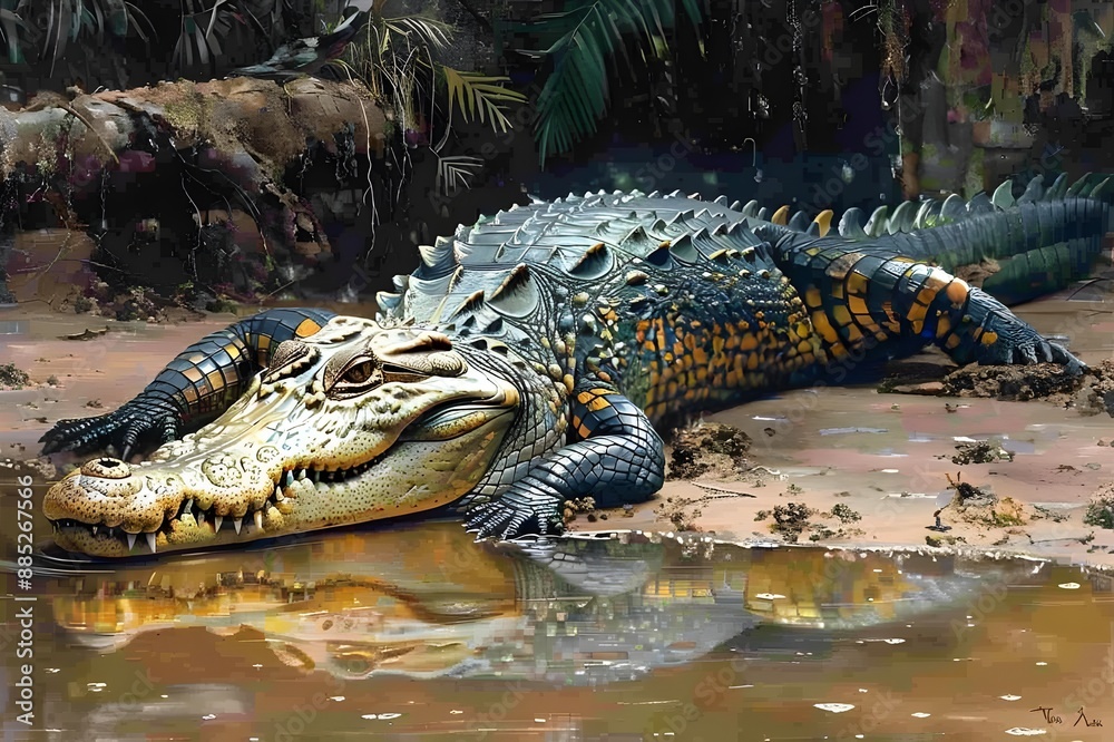 A freshwater crocodile resting on the ground by the river. A freshwater crocodile resting on the ground by the river.