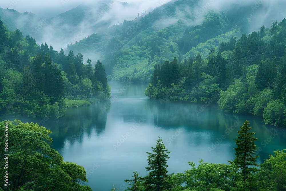 Emotional and beautiful wallpaper scenery of a wide lake in deep and lush mountains