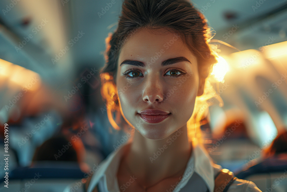 Stewardess on an airplane, female assistant in the aircraft, smiling person during travel. Stewardess on an airplane, female assistant in the aircraft, smiling person during travel.