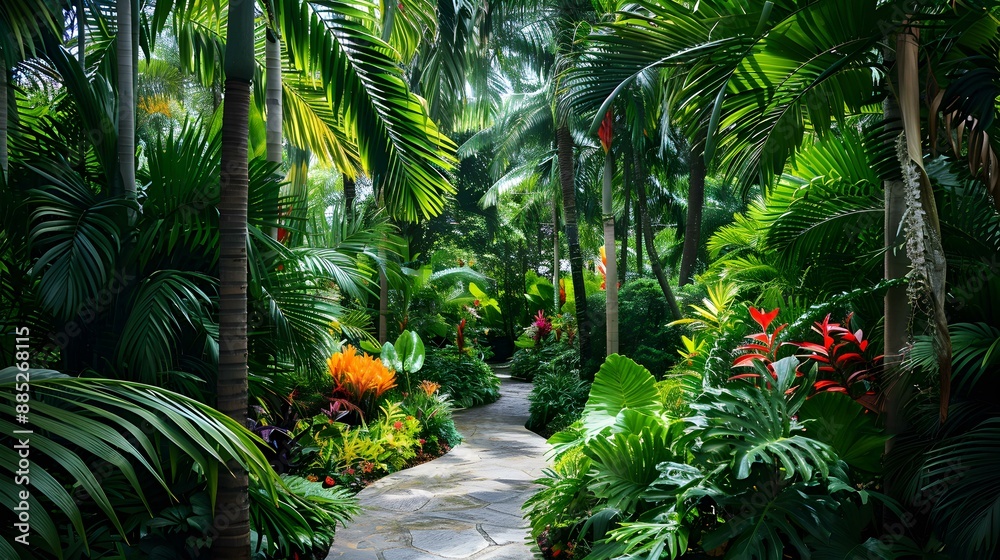 Tropical garden with lush vegetation tall palm trees Tropical garden with lush vegetation tall palm trees