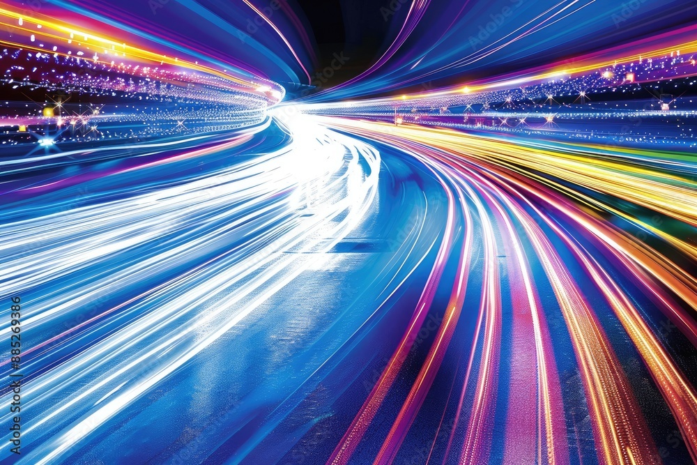Colorful light trails on a highway at night, representing speed, motion, and technology in a dynamic urban environment. Colorful light trails on a highway at night, representing speed, motion, and technology in a dynamic urban environment.