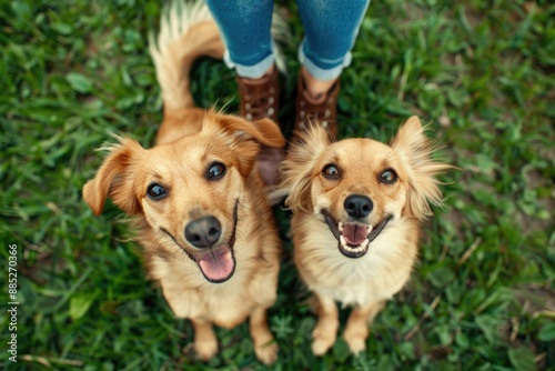 Dogs Outdoors: Two Happy Pups Sitting on Green Grass, Loyally Gazing Up at Homeowner photo