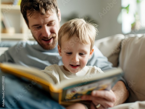 Heartwarming Bonding Moment: Parent and Child Immersed in Book Reading on Cozy Couch
