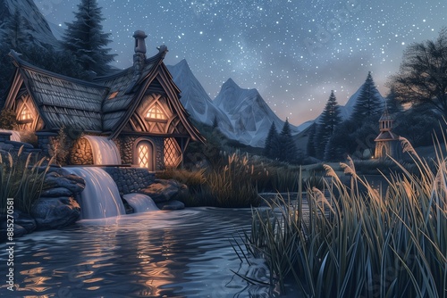 A serene dusk scene in a mountain meadow, where a gentle waterfall flows into a crystal-clear pond. A charming, uniquely designed house with a thatched roof and stone walls sits among tall grasses.