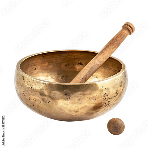 Iron singing bowl with woodstick on transparent background. Generative ai. photo