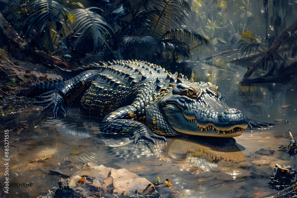 Obraz premium A freshwater crocodile resting on the ground by the river.
