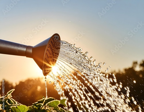 Backlit water gushes from a watering can. Concept of water resources, agriculture, water waste, limited resources.  photo
