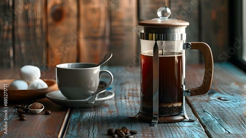 French press with brewed coffee standing