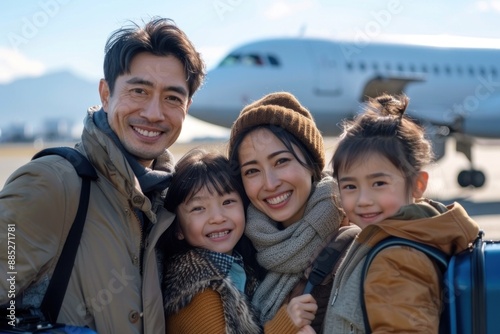 A family of four with smiling faces is preparing for an exciting adventure. They are standing near an airplane, with luggage beside them, ready to embark on their journey. The sun is shining, and the