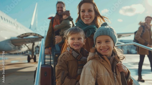 A family is seen deboarding an airplane at their destination, with smiles on their faces and luggage in hand. The parents are guiding their children down the steps, capturing the culmination of their photo