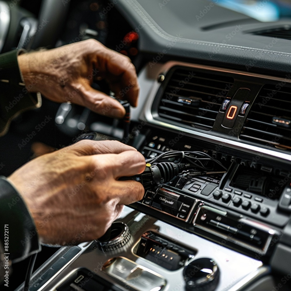 Auto electrician is installing a car radio sound system Auto electrician is installing a car radio sound system